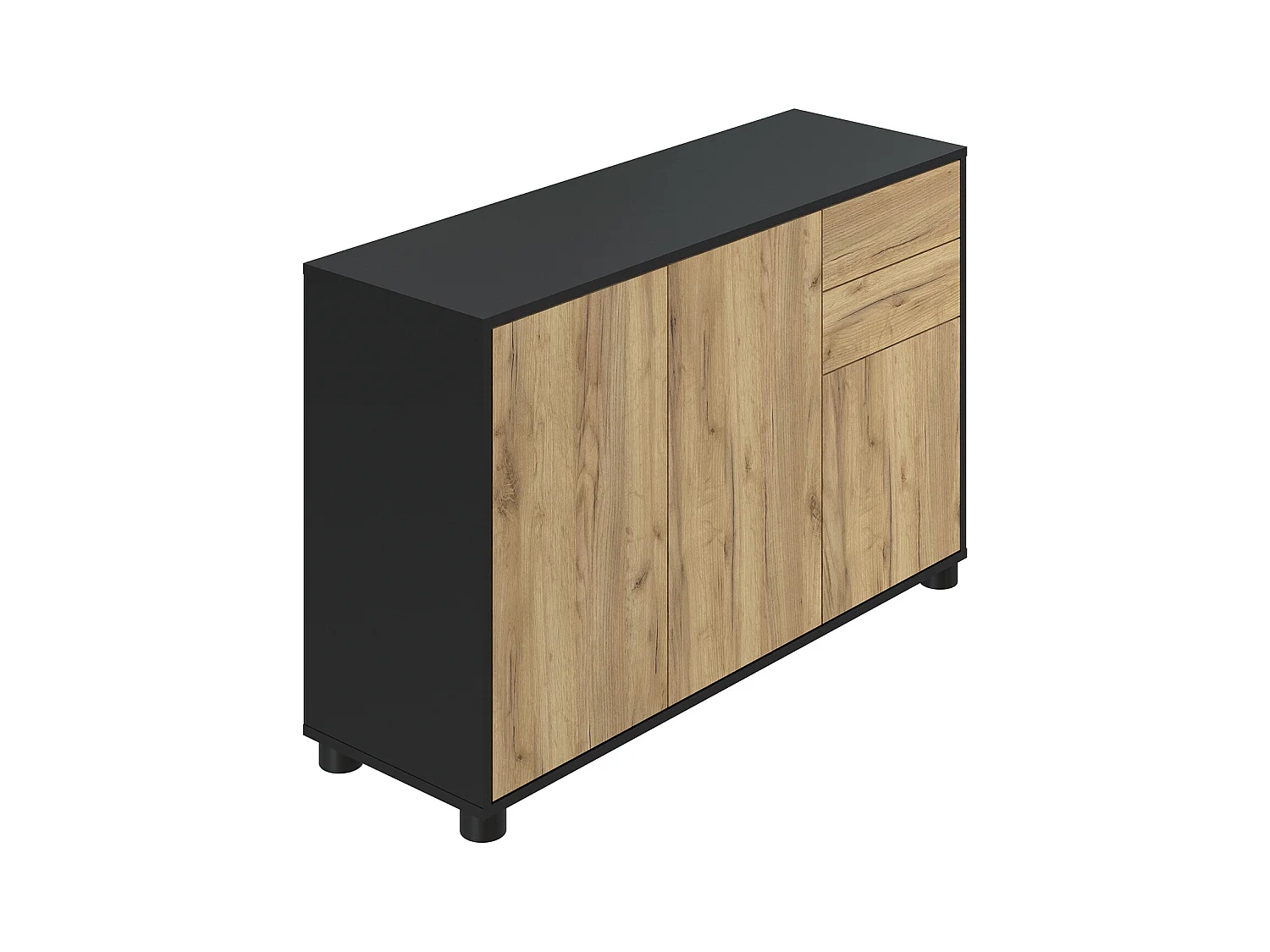 Buffet, Commode avec 3 Portes et 2 tiroirs, Noir Mat/Chêne nature - Longueur 117 x Hauteur 74 x Profondeur 37.5 cm