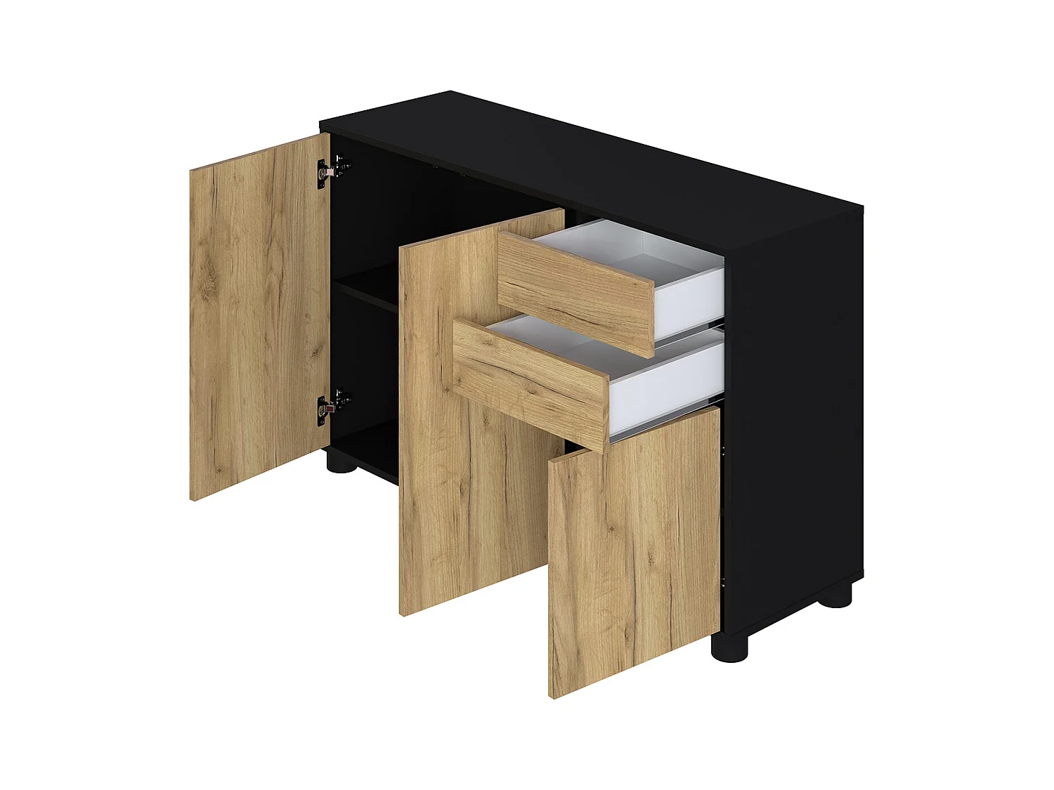 Buffet, Commode avec 3 Portes et 2 tiroirs, Noir Mat/Chêne nature - Longueur 117 x Hauteur 74 x Profondeur 37.5 cm