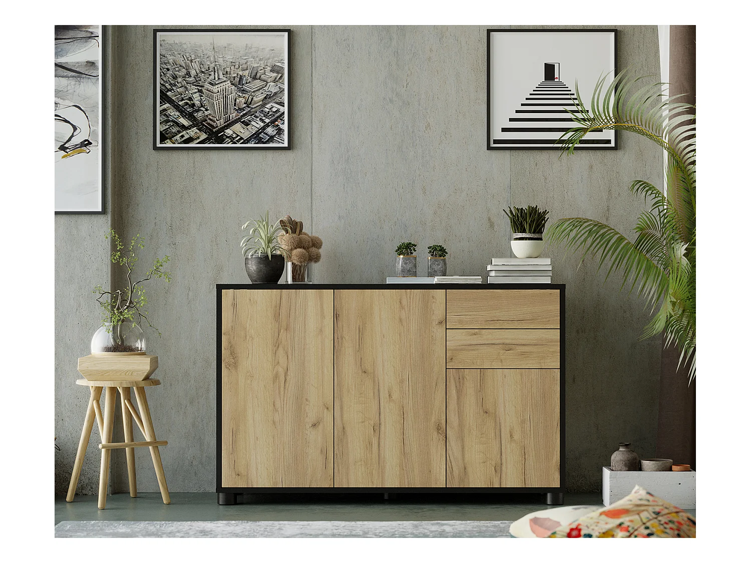 Buffet, Commode avec 3 Portes et 2 tiroirs, Noir Mat/Chêne nature - Longueur 117 x Hauteur 74 x Profondeur 37.5 cm