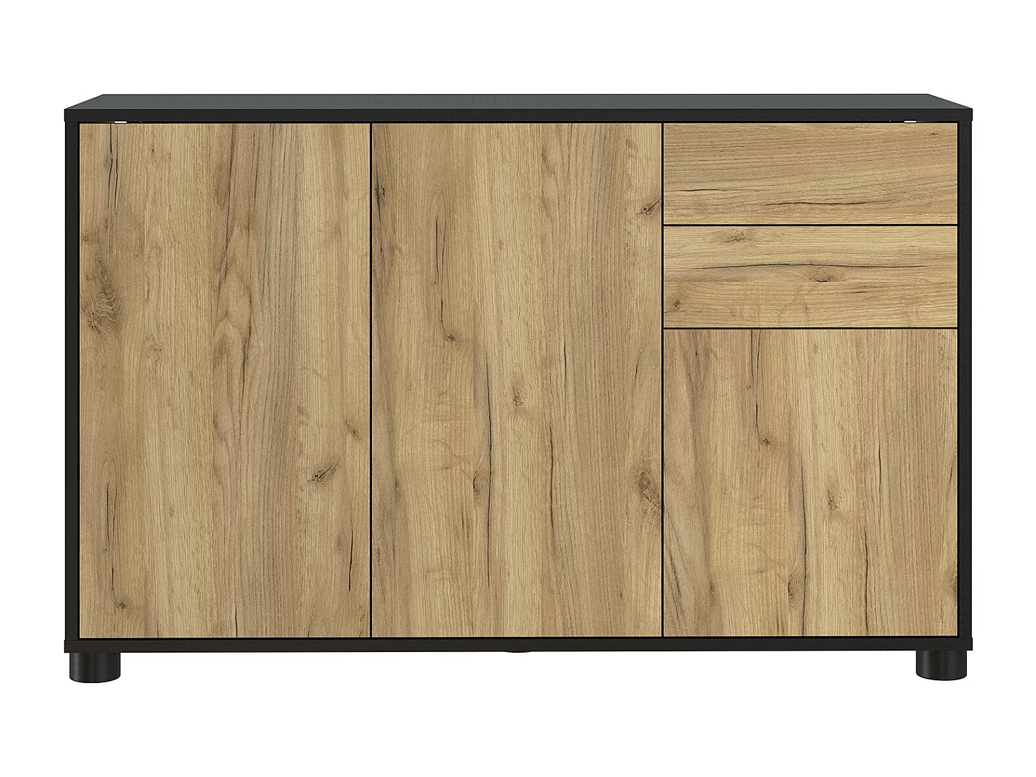 Buffet, Commode avec 3 Portes et 2 tiroirs, Noir Mat/Chêne nature - Longueur 117 x Hauteur 74 x Profondeur 37.5 cm