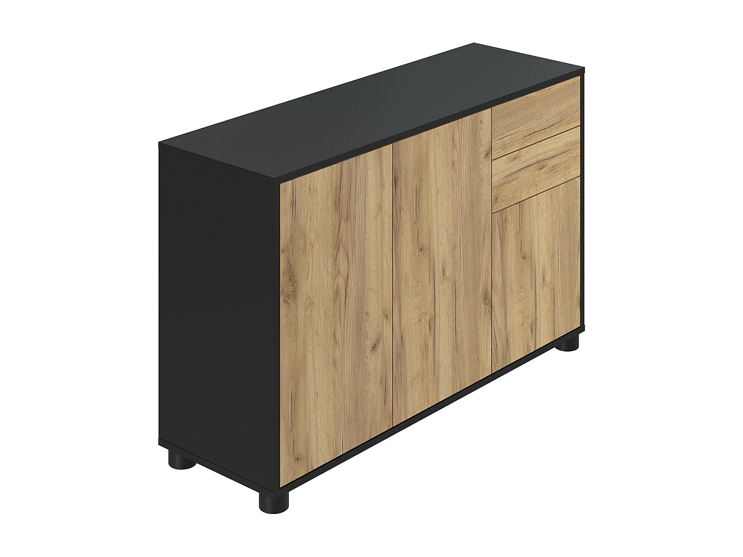 Buffet, Commode avec 3 Portes et 2 tiroirs, Noir Mat/Chêne nature - Longueur 117 x Hauteur 74 x Profondeur 37.5 cm