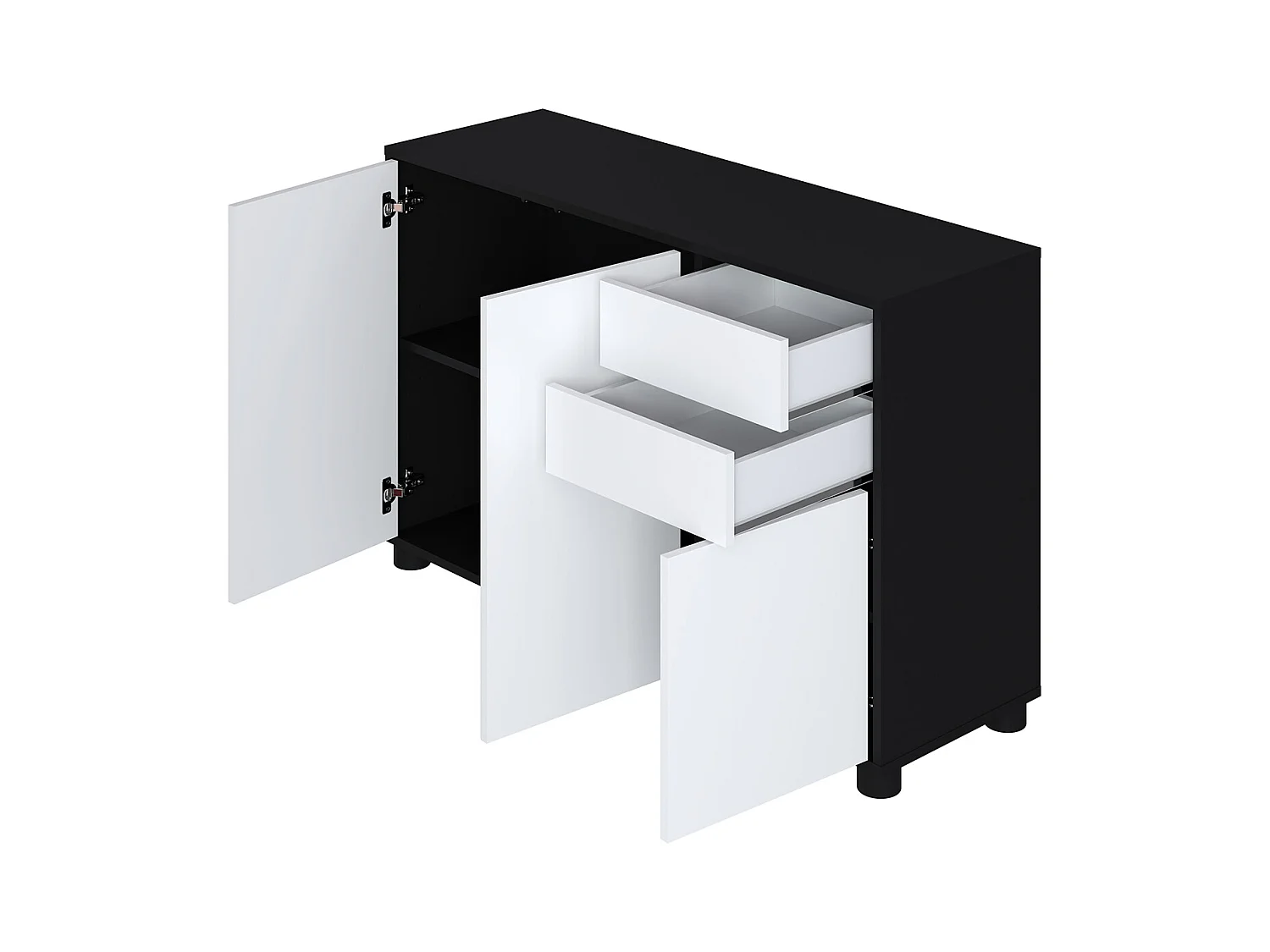 Buffet, Commode avec 3 Portes et 2 tiroirs, Noir Mat/Blanc Mat - Longueur 117 x Hauteur 74 x Profondeur 37.5 cm