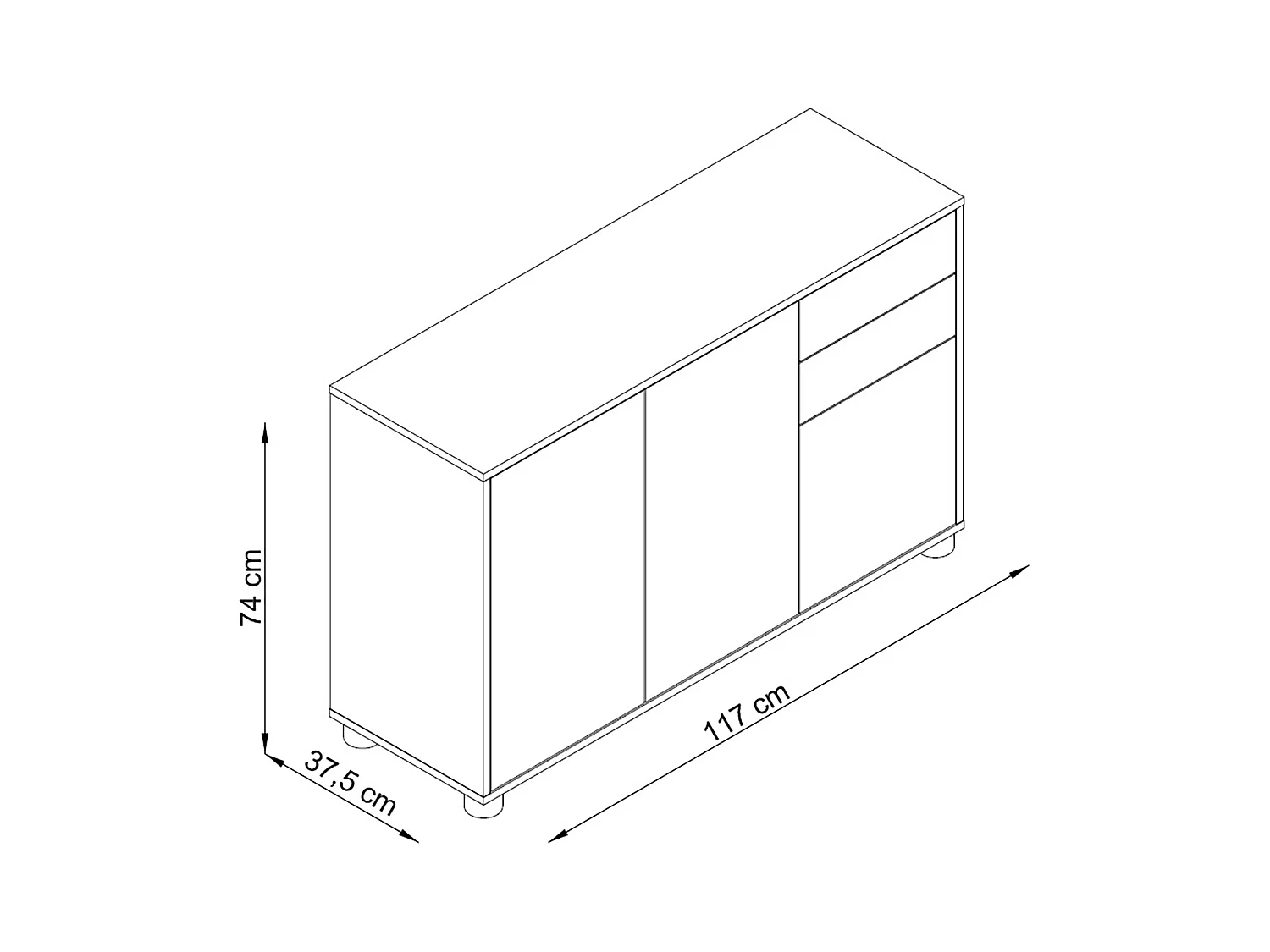 Buffet, Commode avec 3 Portes et 2 tiroirs, Noir Mat/Blanc Mat - Longueur 117 x Hauteur 74 x Profondeur 37.5 cm