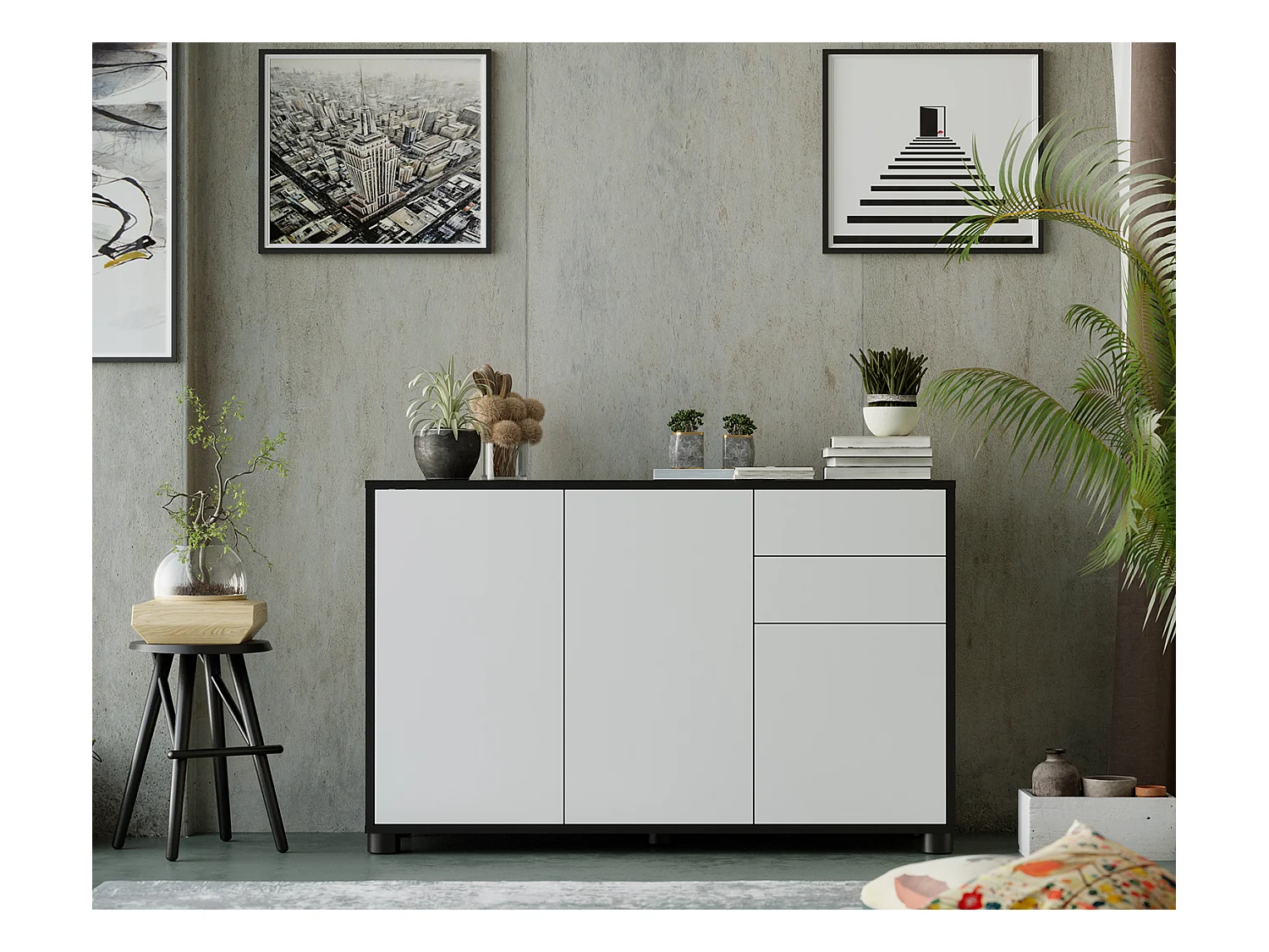 Buffet, Commode avec 3 Portes et 2 tiroirs, Noir Mat/Blanc Mat - Longueur 117 x Hauteur 74 x Profondeur 37.5 cm