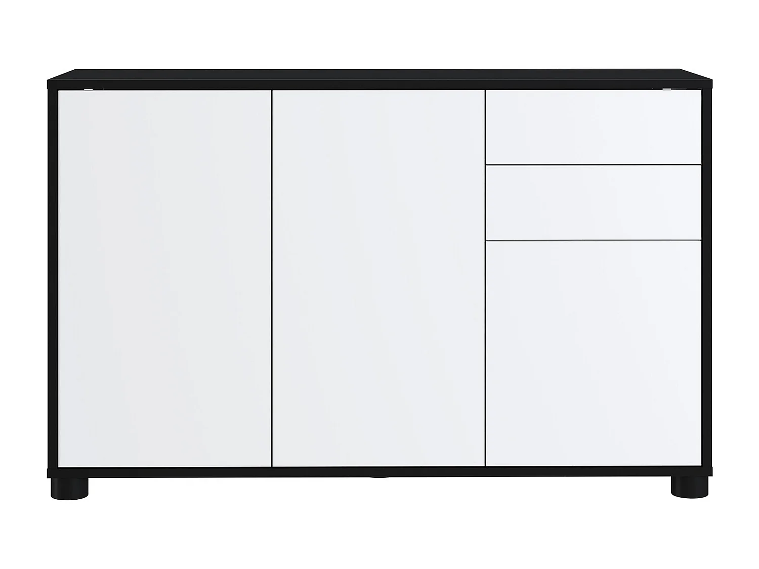 Buffet, Commode avec 3 Portes et 2 tiroirs, Noir Mat/Blanc Mat - Longueur 117 x Hauteur 74 x Profondeur 37.5 cm
