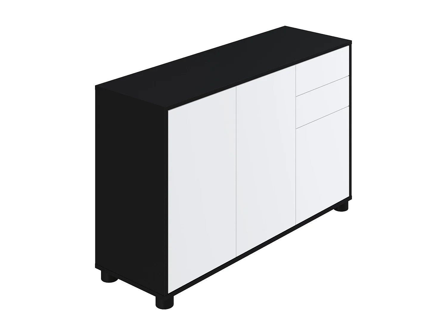 Buffet, Commode avec 3 Portes et 2 tiroirs, Noir Mat/Blanc Mat - Longueur 117 x Hauteur 74 x Profondeur 37.5 cm