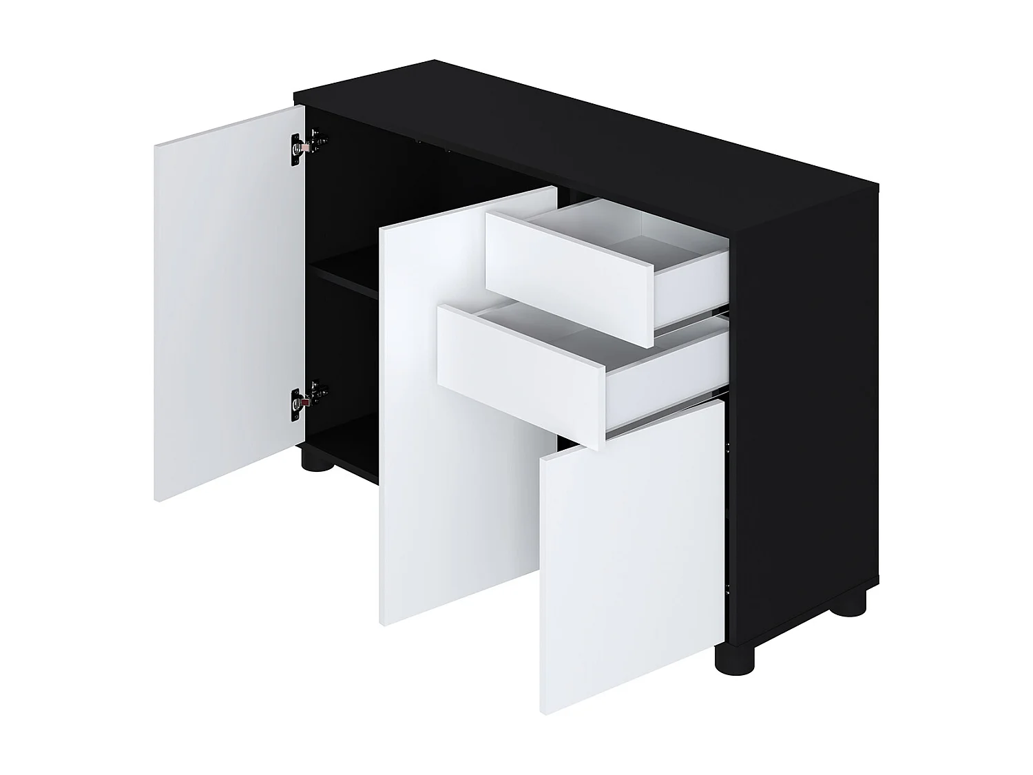 Buffet, Commode avec 3 Portes et 2 tiroirs, Noir Mat/Blanc Mat - Longueur 117 x Hauteur 74 x Profondeur 37.5 cm