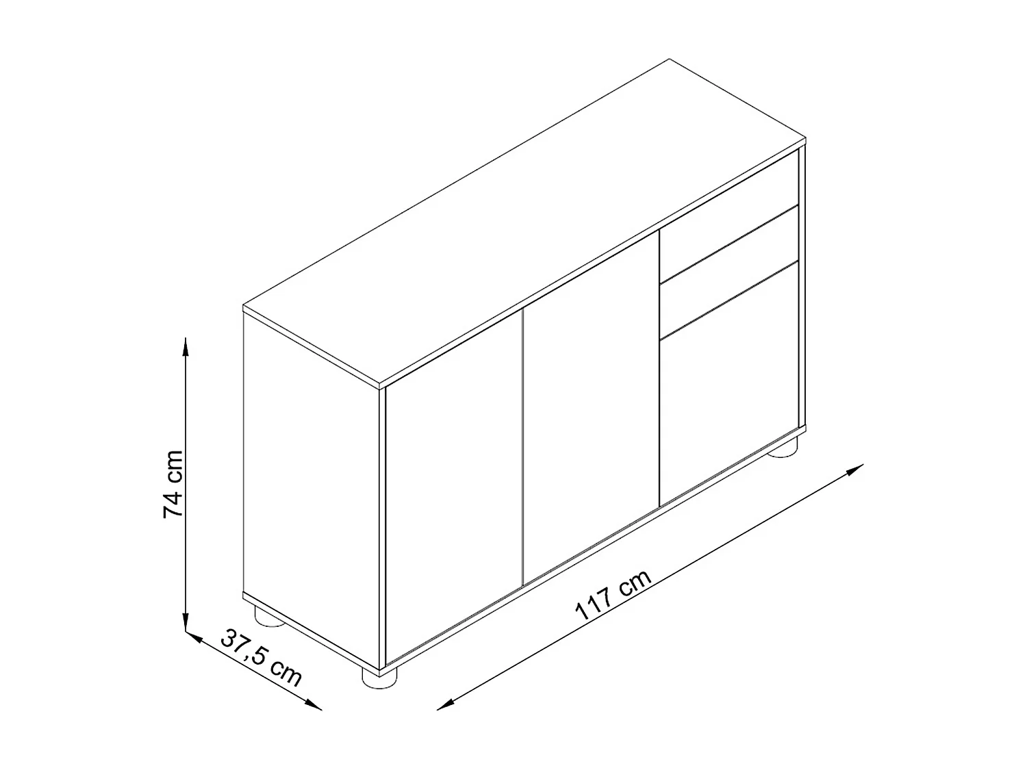 Buffet, Commode avec 3 Portes et 2 tiroirs, Noir Mat/Blanc Mat - Longueur 117 x Hauteur 74 x Profondeur 37.5 cm