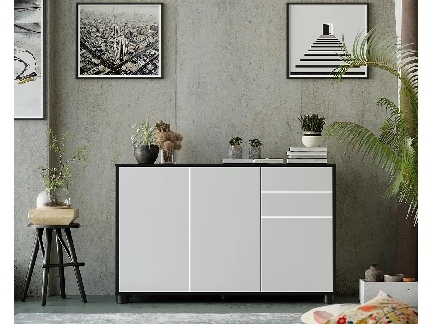 Buffet, Commode avec 3 Portes et 2 tiroirs, Noir Mat/Blanc Mat - Longueur 117 x Hauteur 74 x Profondeur 37.5 cm