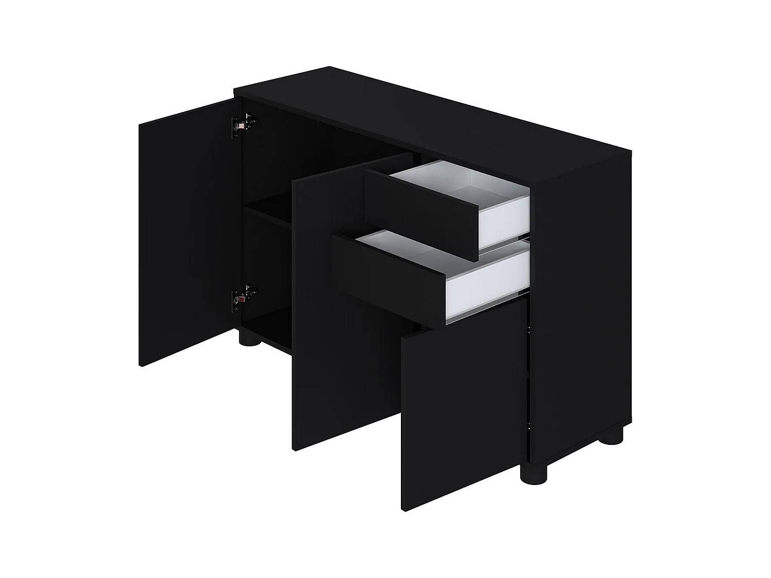 Buffet, Commode avec 3 Portes et 2 tiroirs, Noir mat - Longueur 117 x Hauteur 74 x Profondeur 37.5 cm