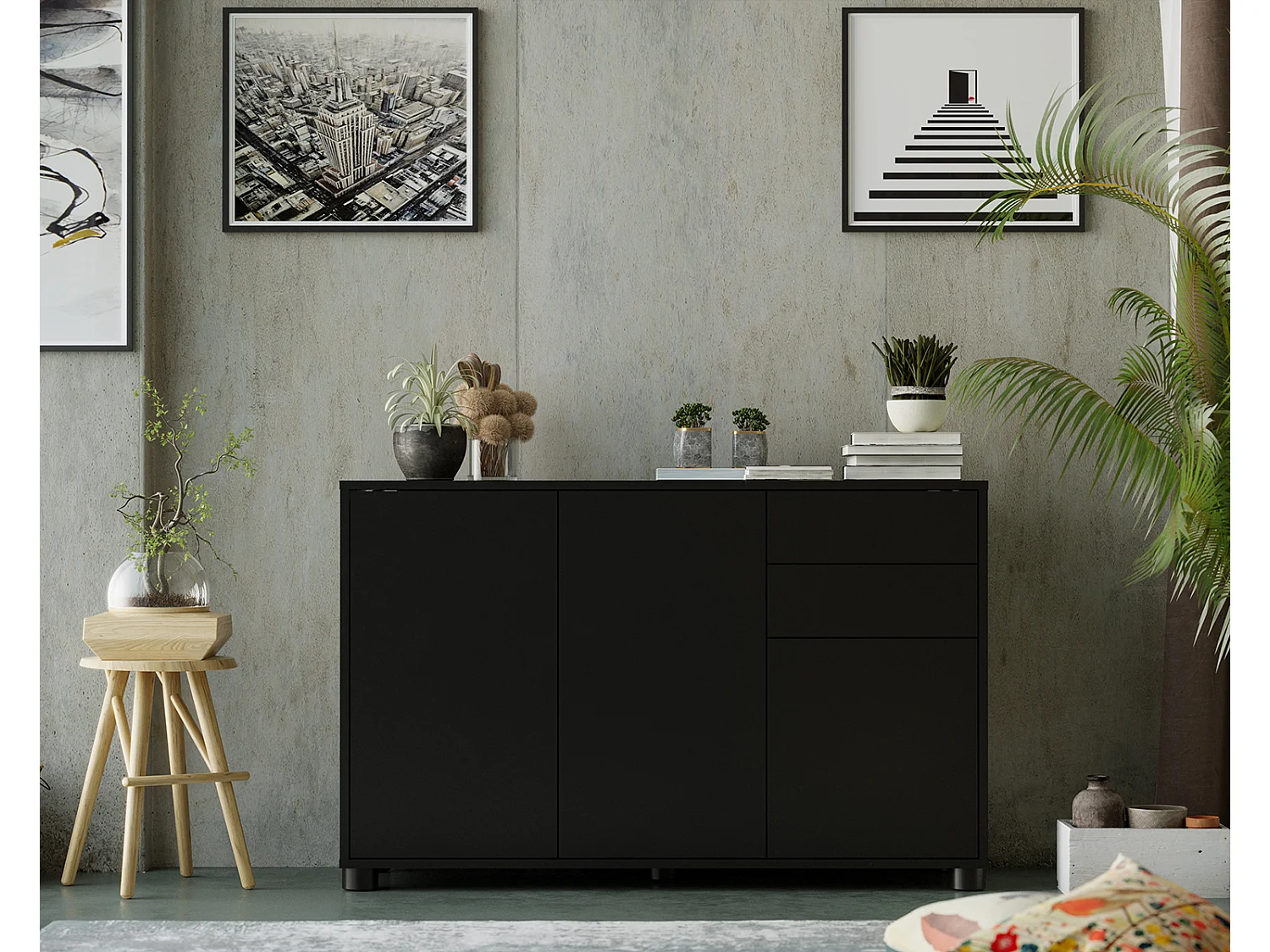 Buffet, Commode avec 3 Portes et 2 tiroirs, Noir mat - Longueur 117 x Hauteur 74 x Profondeur 37.5 cm