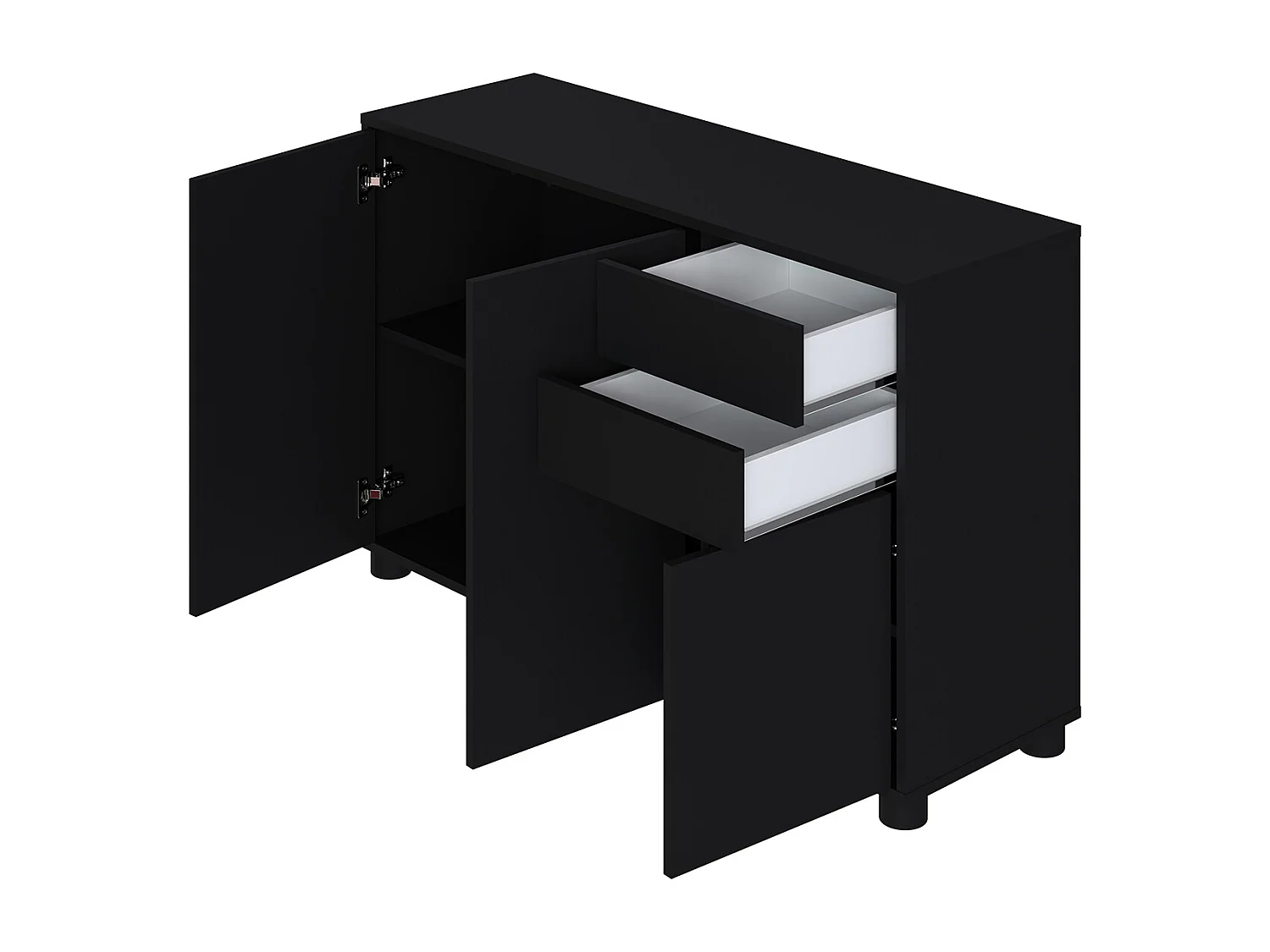 Buffet, Commode avec 3 Portes et 2 tiroirs, Noir mat - Longueur 117 x Hauteur 74 x Profondeur 37.5 cm