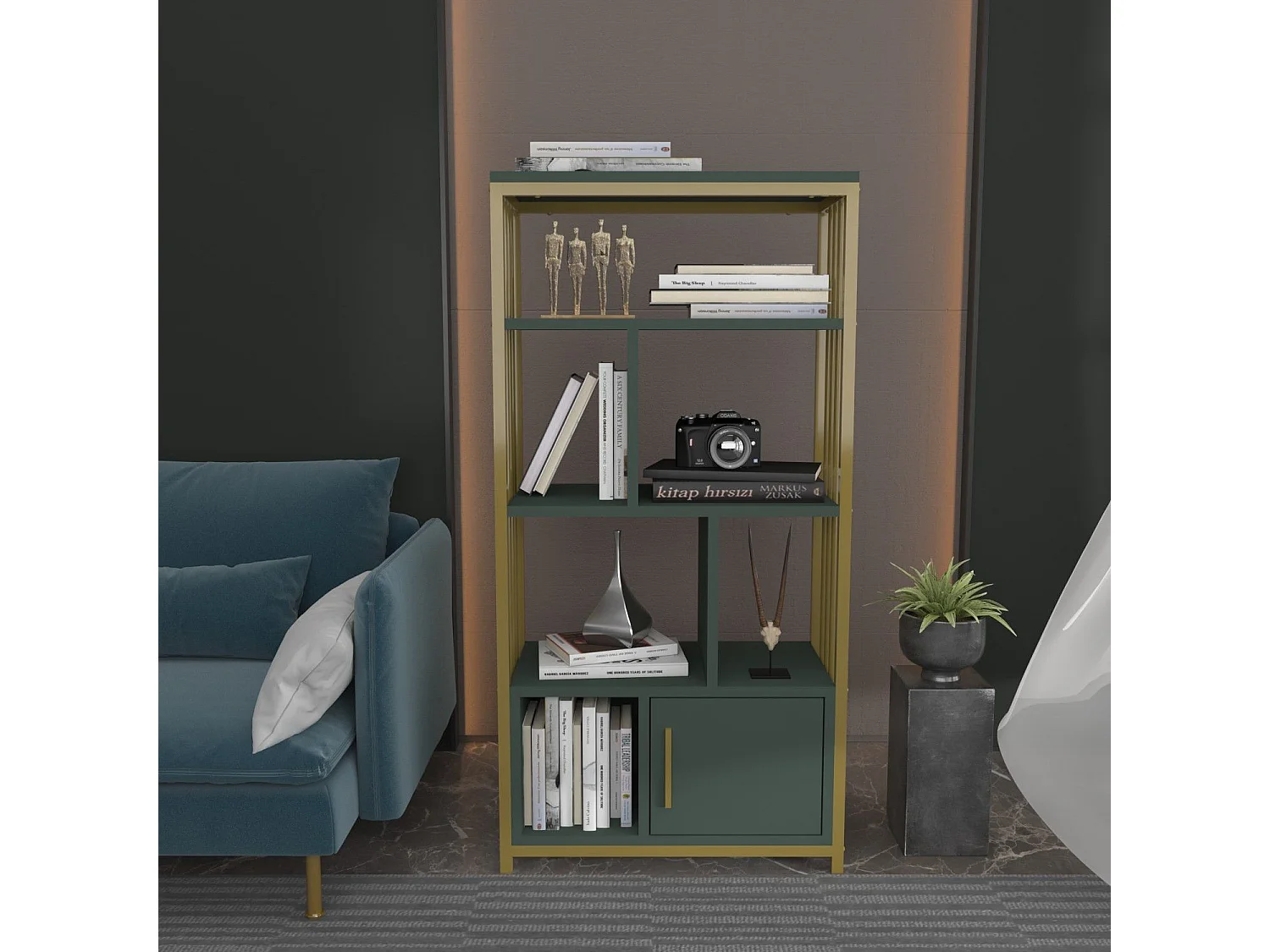 Elegantes Regal in Grün und Gold, 60 cm x 120 cm x 29,6 cm | 100 % melaminbeschichtete Spanplatte, 18 mm dick | Stilvolle Aufbewahrung für m