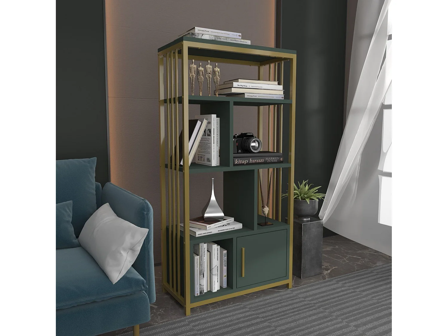 Elegantes Regal in Grün und Gold, 60 cm x 120 cm x 29,6 cm | 100 % melaminbeschichtete Spanplatte, 18 mm dick | Stilvolle Aufbewahrung für m