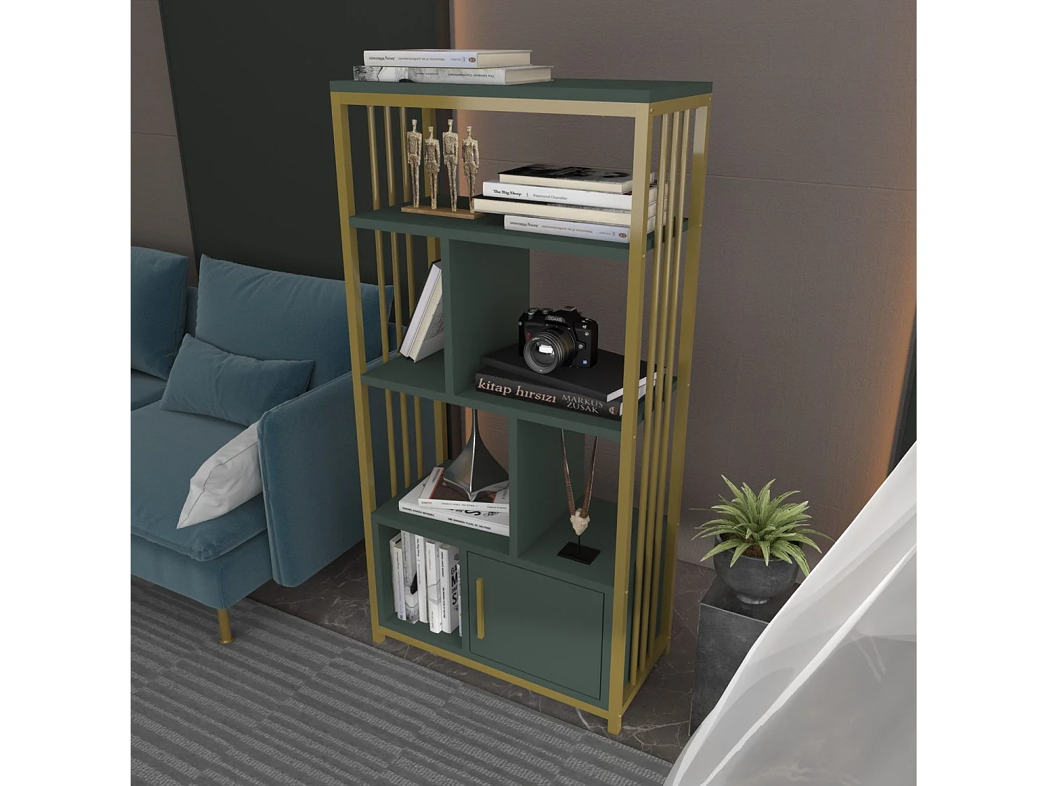 Elegantes Regal in Grün und Gold, 60 cm x 120 cm x 29,6 cm | 100 % melaminbeschichtete Spanplatte, 18 mm dick | Stilvolle Aufbewahrung für m