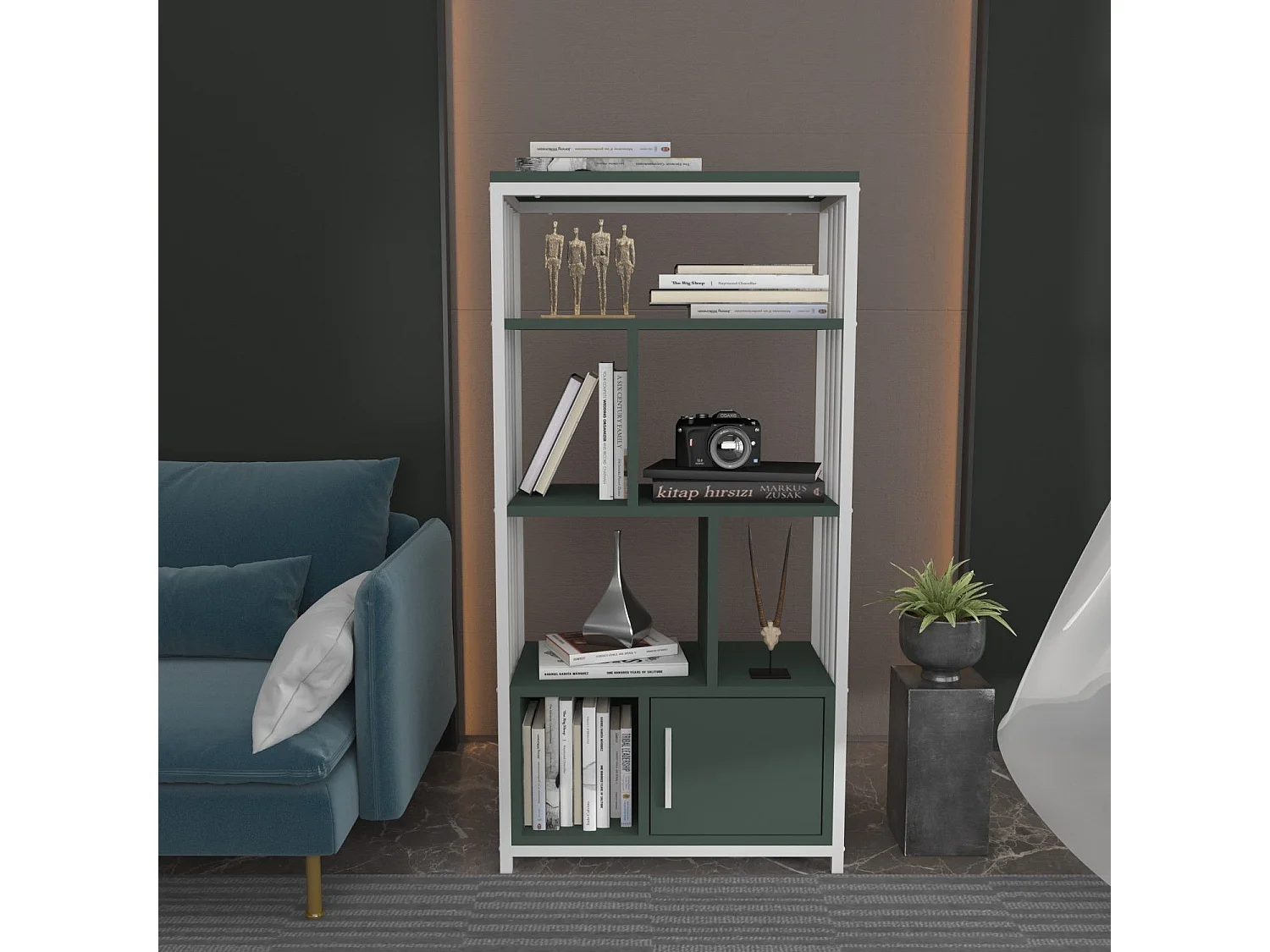 Elegantes grün-weißes Bücherregal, 60 cm x 120 cm x 29,6 cm | 100 % melaminbeschichtete Spanplatte, 18 mm dick | Perfekt für moderne Wohn- u