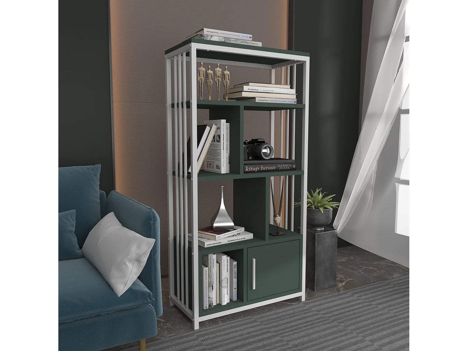 Elegantes grün-weißes Bücherregal, 60 cm x 120 cm x 29,6 cm | 100 % melaminbeschichtete Spanplatte, 18 mm dick | Perfekt für moderne Wohn- u