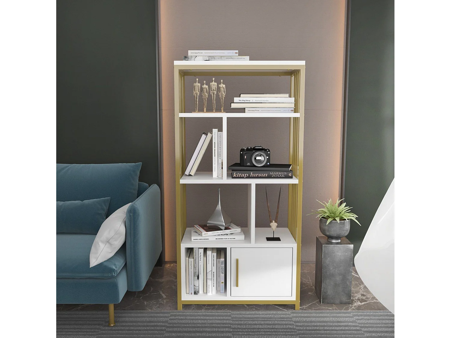 Bibliothèque Kama L60xH120cm Or et Blanc