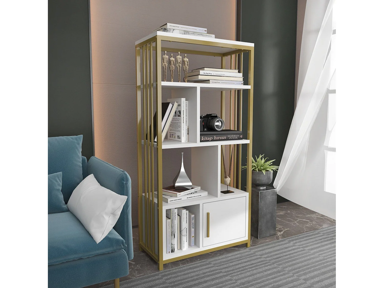 Bibliothèque Kama L60xH120cm Or et Blanc