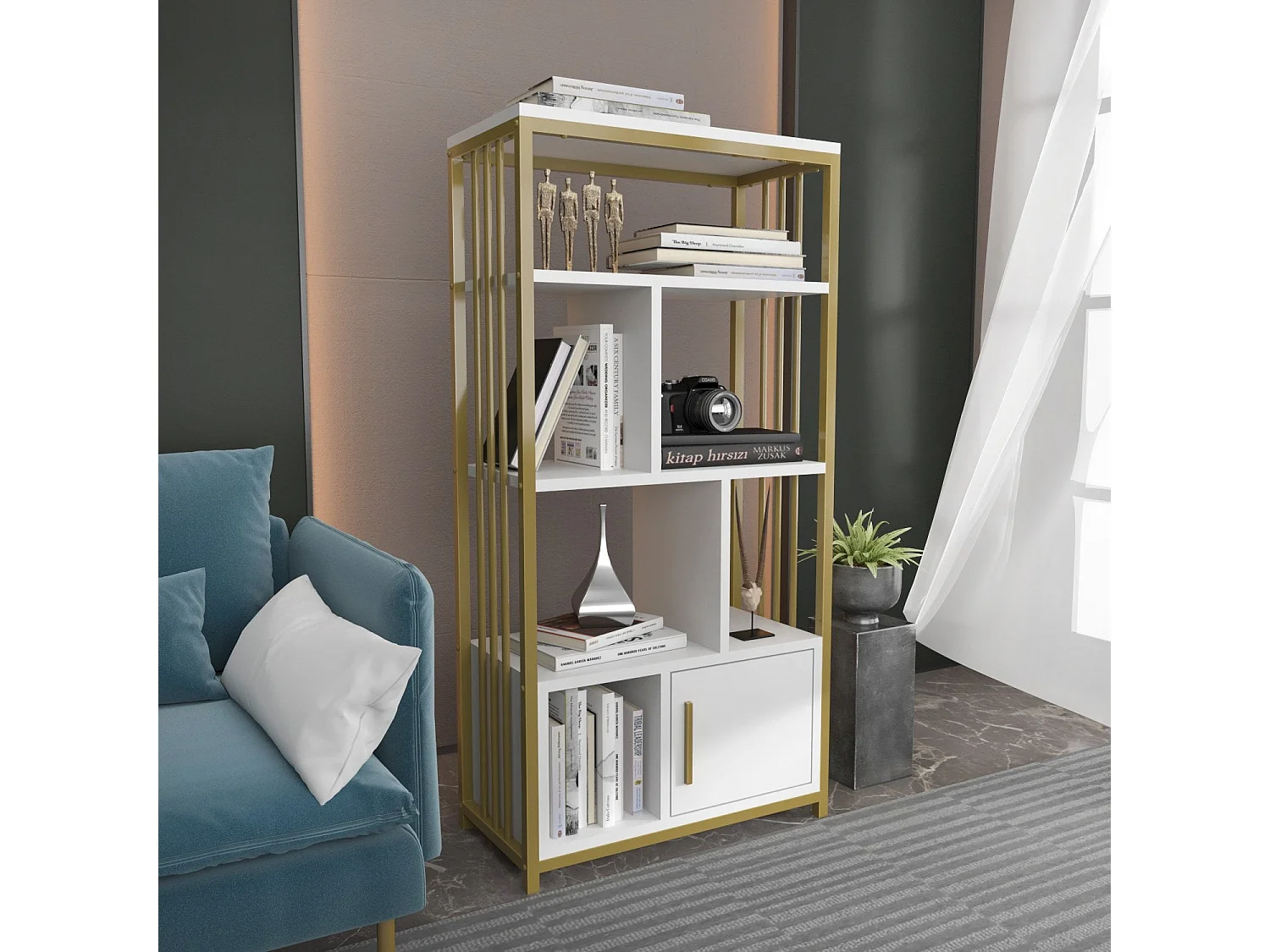 Bibliothèque Kama L60xH120cm Or et Blanc