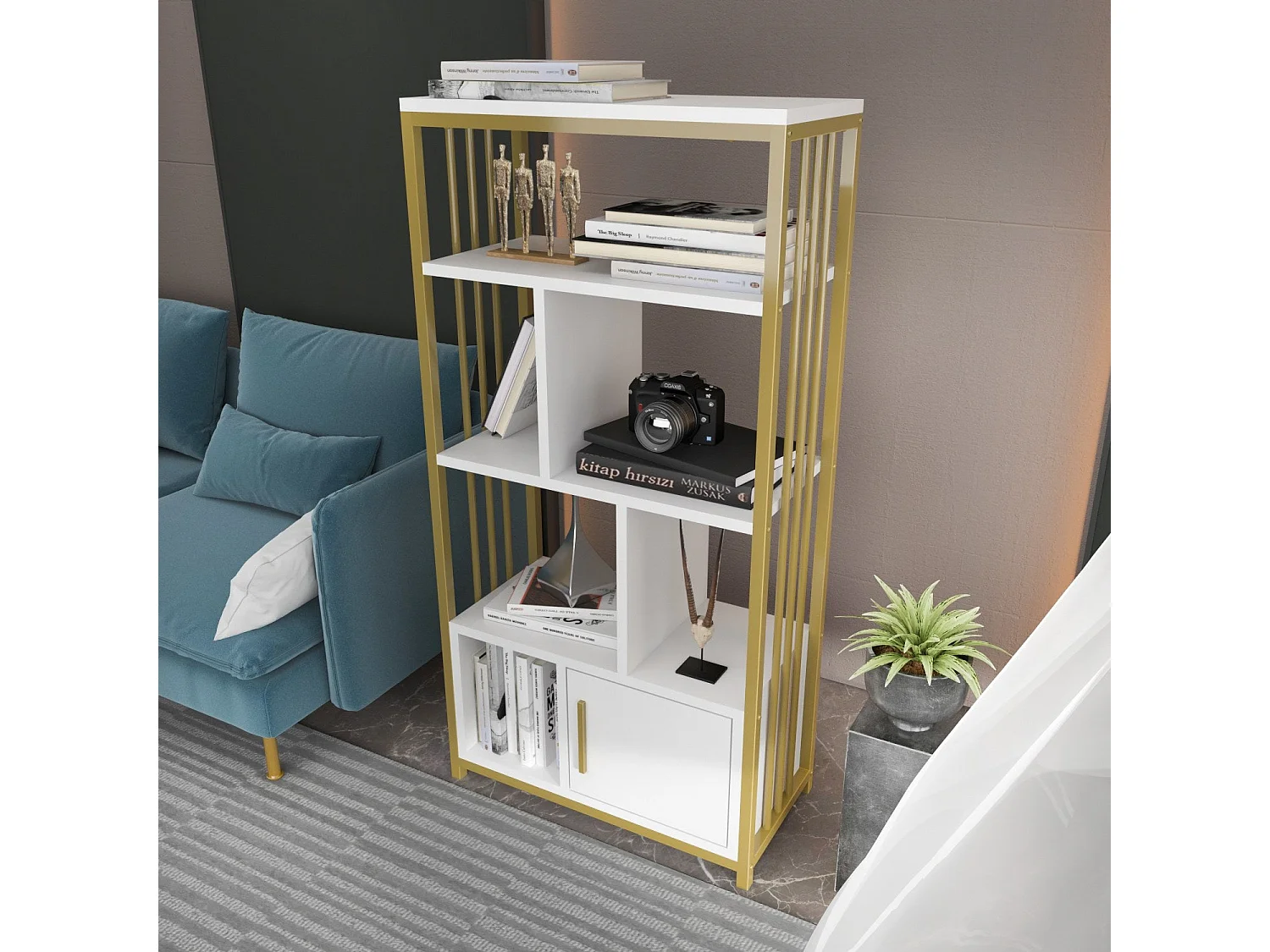 Bibliothèque Kama L60xH120cm Or et Blanc