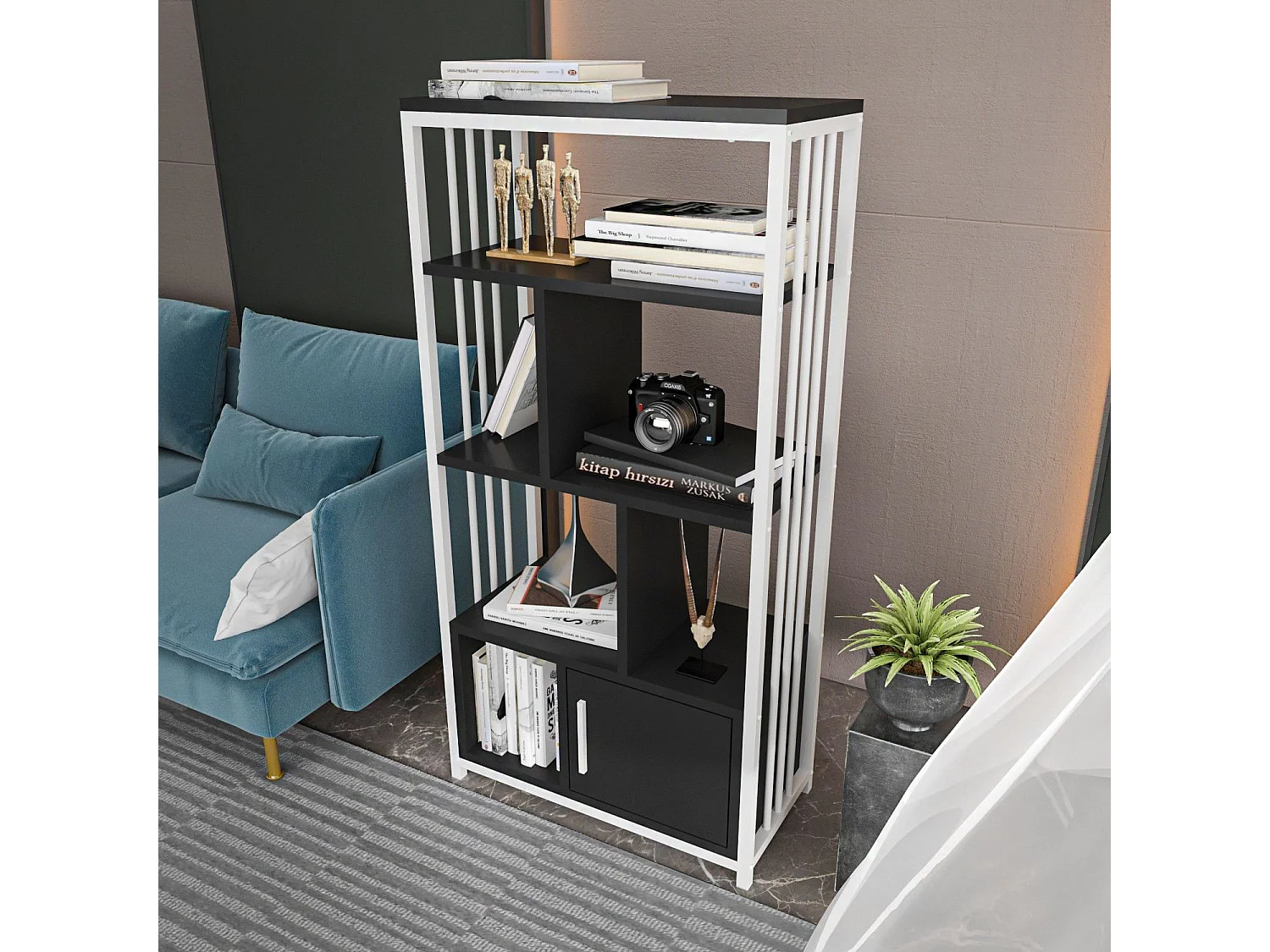 Elegancki regał w kolorze białym i antracytowym, 60 x 120 x 29,6 cm | Płyta wiórowa pokryta melaminą w 100%, grubość 18 mm | Idealny do nowo