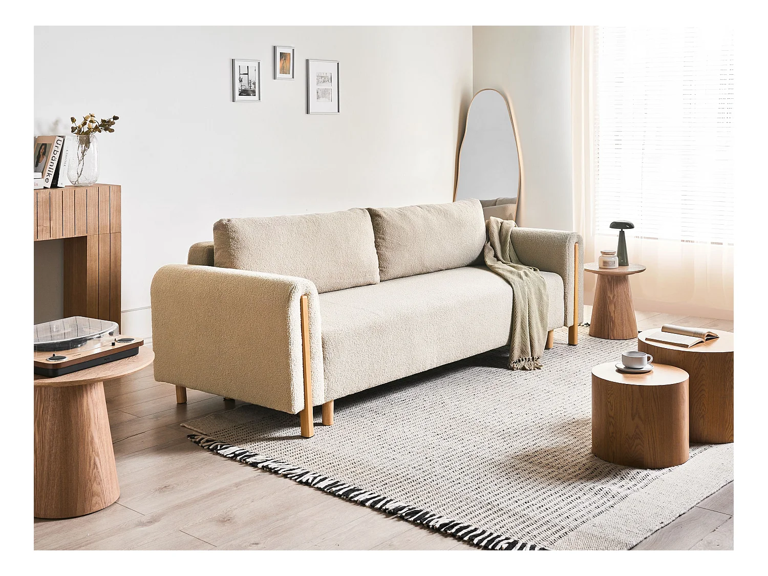 Canapé-lit 3 places KVAM Bouclé Beige clair avec rangement