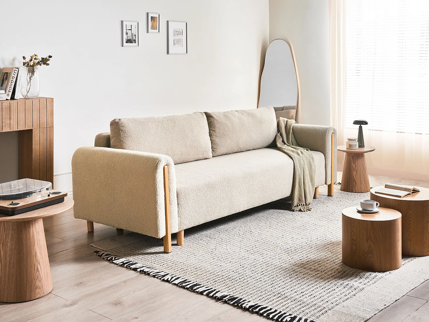 Canapé-lit 3 places KVAM Bouclé Beige clair avec rangement