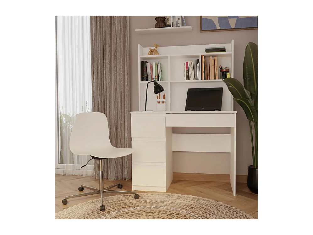 MIJAS SINISTRA - Scrivania 98×51×146 cm con 4 cassetti e 4 ripiani, con mensola superiore per ufficio / camera da letto - Bianco