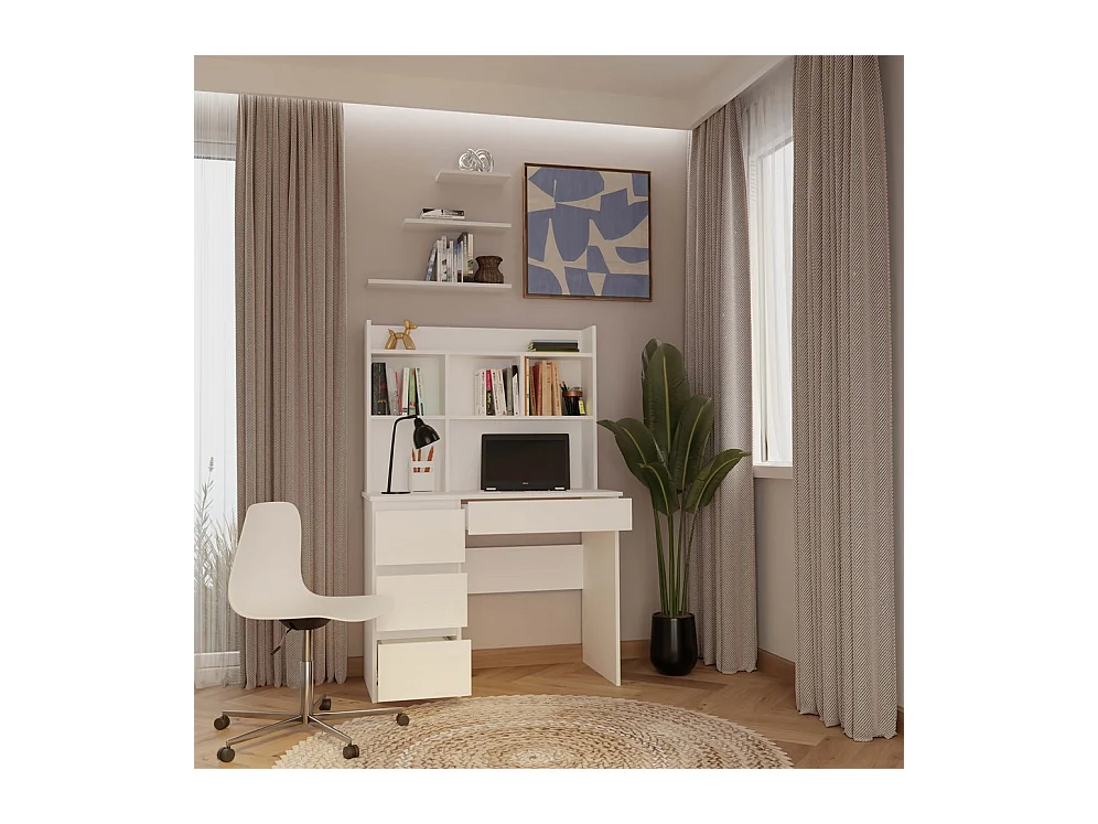 MIJAS SINISTRA - Scrivania 98×51×146 cm con 4 cassetti e 4 ripiani, con mensola superiore per ufficio / camera da letto - Bianco