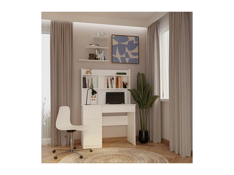 MIJAS SINISTRA - Scrivania 98×51×146 cm con 4 cassetti e 4 ripiani, con mensola superiore per ufficio / camera da letto - Bianco
