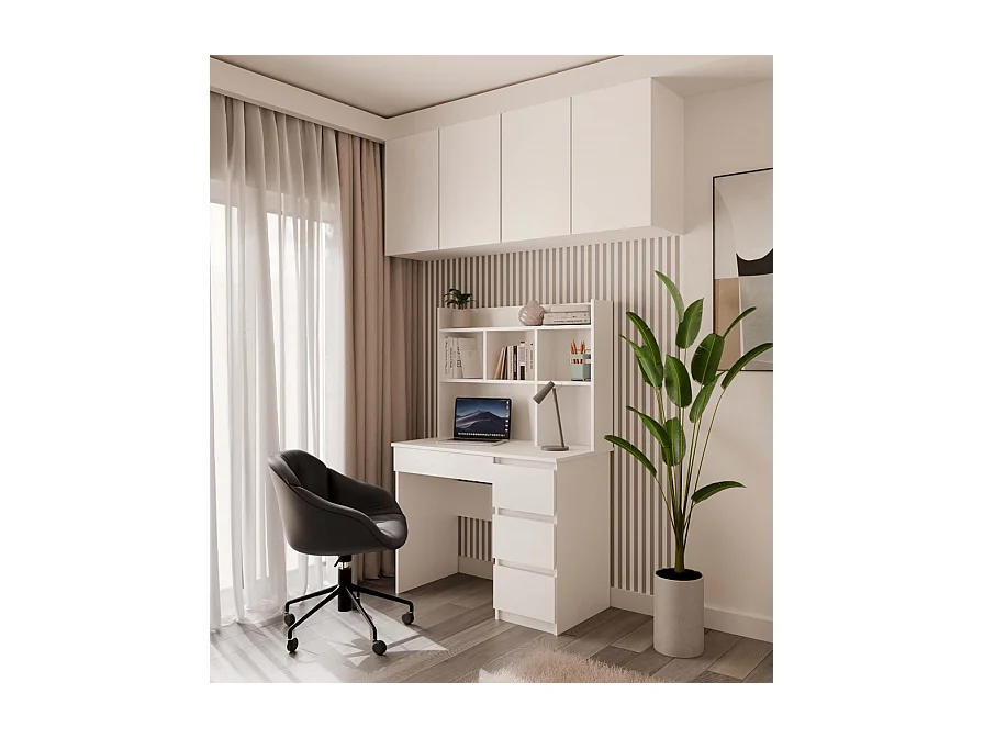 MIJAS SINISTRA - Scrivania 98×51×146 cm con 4 cassetti e 4 ripiani, con mensola superiore per ufficio / camera da letto - Bianco