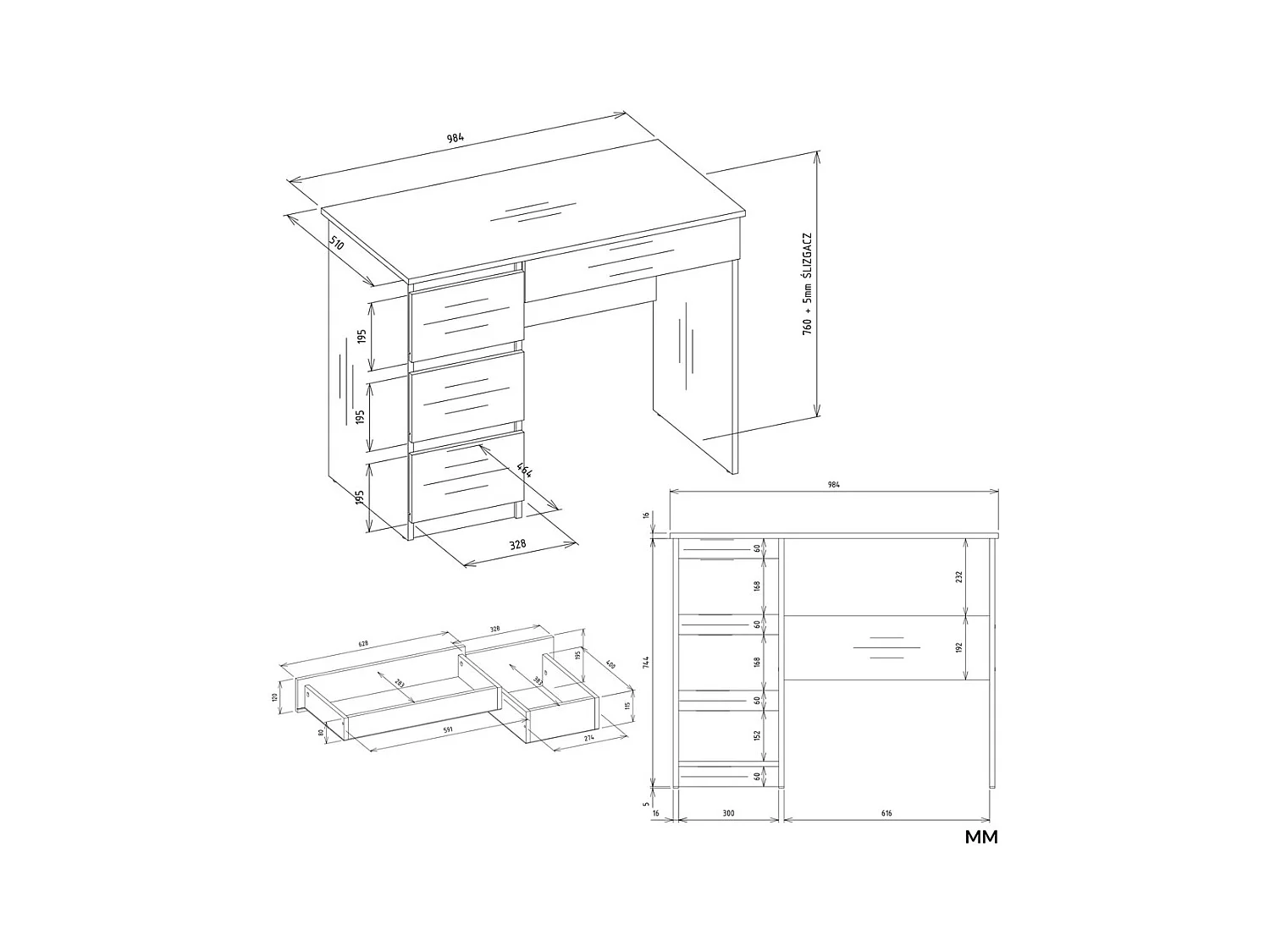 MIJAS SINISTRA - Scrivania 98×51×146 cm con 4 cassetti e 4 ripiani, con mensola superiore per ufficio / camera da letto - Bianco