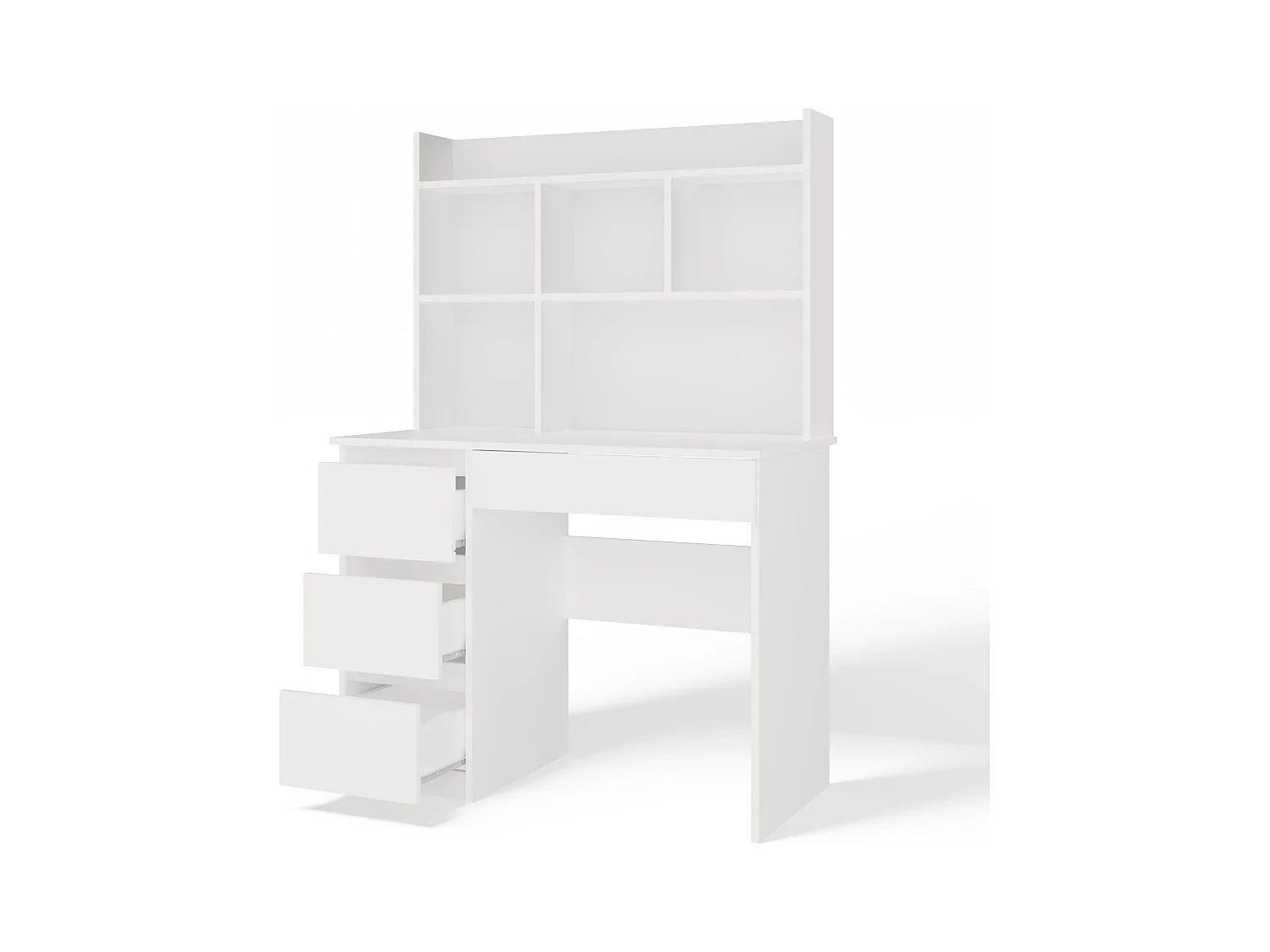 MIJAS SINISTRA - Scrivania 98×51×146 cm con 4 cassetti e 4 ripiani, con mensola superiore per ufficio / camera da letto - Bianco