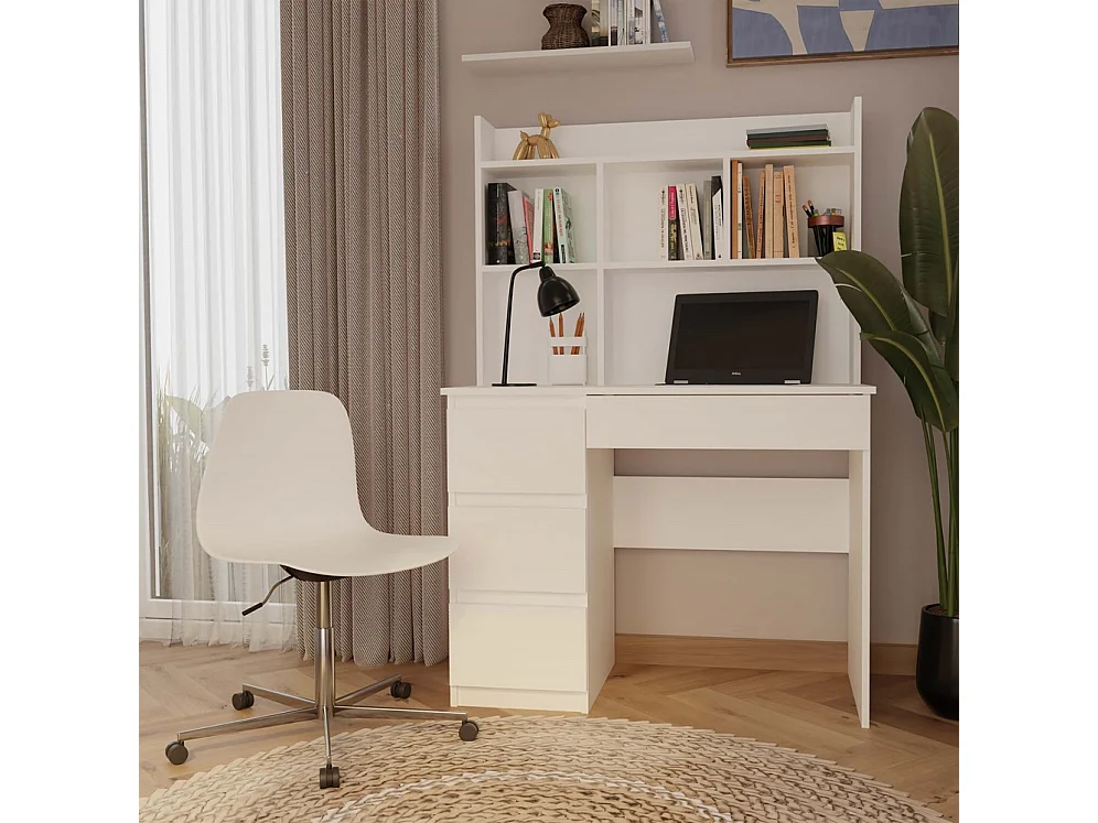 MIJAS GAUCHE - Bureau 98×51×146 cm 4 tiroirs et 4 rayons avec étagère supérieure pour bureau / chambre - Blanc