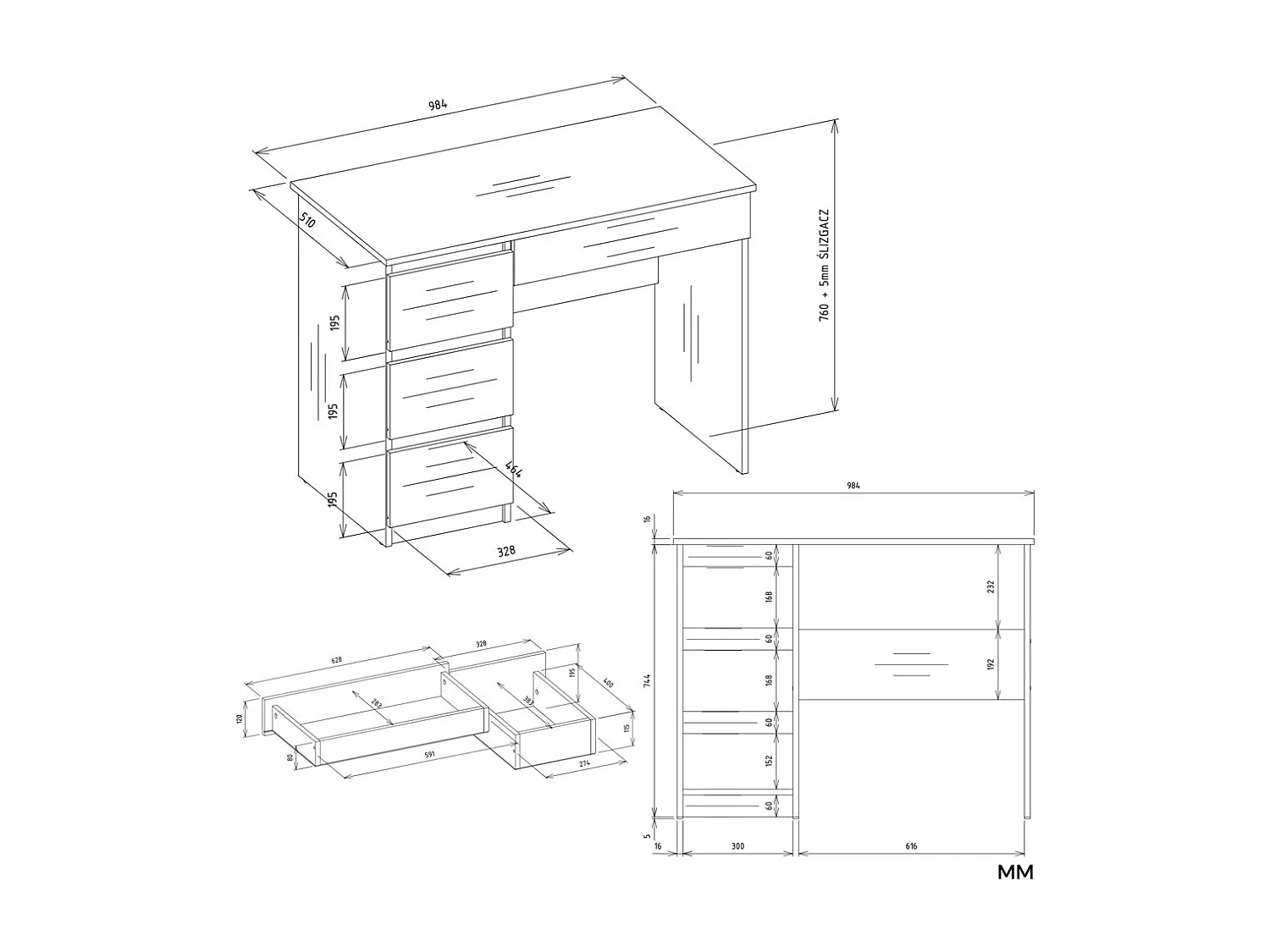 MIJAS GAUCHE - Bureau 98×51×146 cm 4 tiroirs et 4 rayons avec étagère supérieure pour bureau / chambre - Blanc