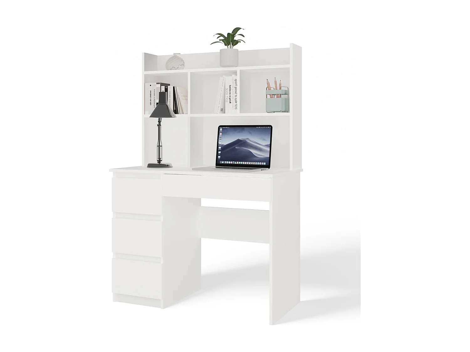 Bureau met 4 lades, verhoogd blad en 4 planken, wit, 146x51x98 cm