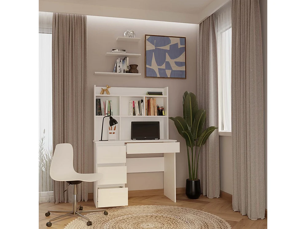 Bureau met 4 lades, verhoogd blad en 4 planken, wit, 146x51x98 cm