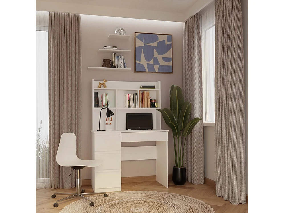 Bureau met 4 lades, verhoogd blad en 4 planken, wit, 146x51x98 cm