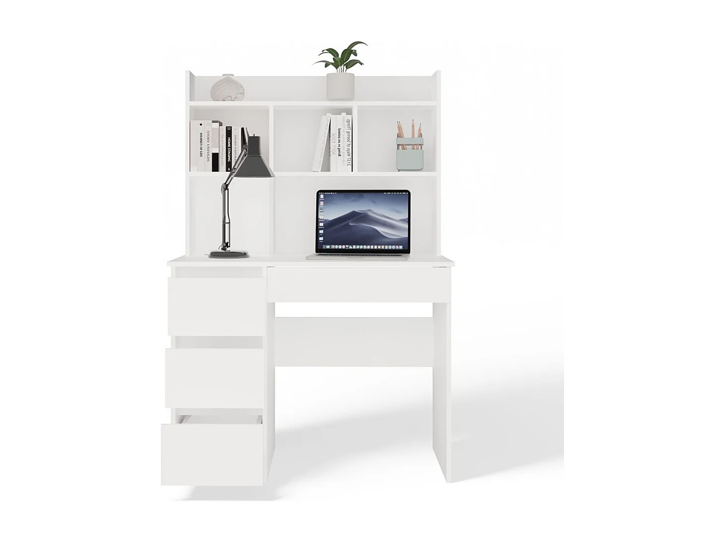 Bureau met 4 lades, verhoogd blad en 4 planken, wit, 146x51x98 cm