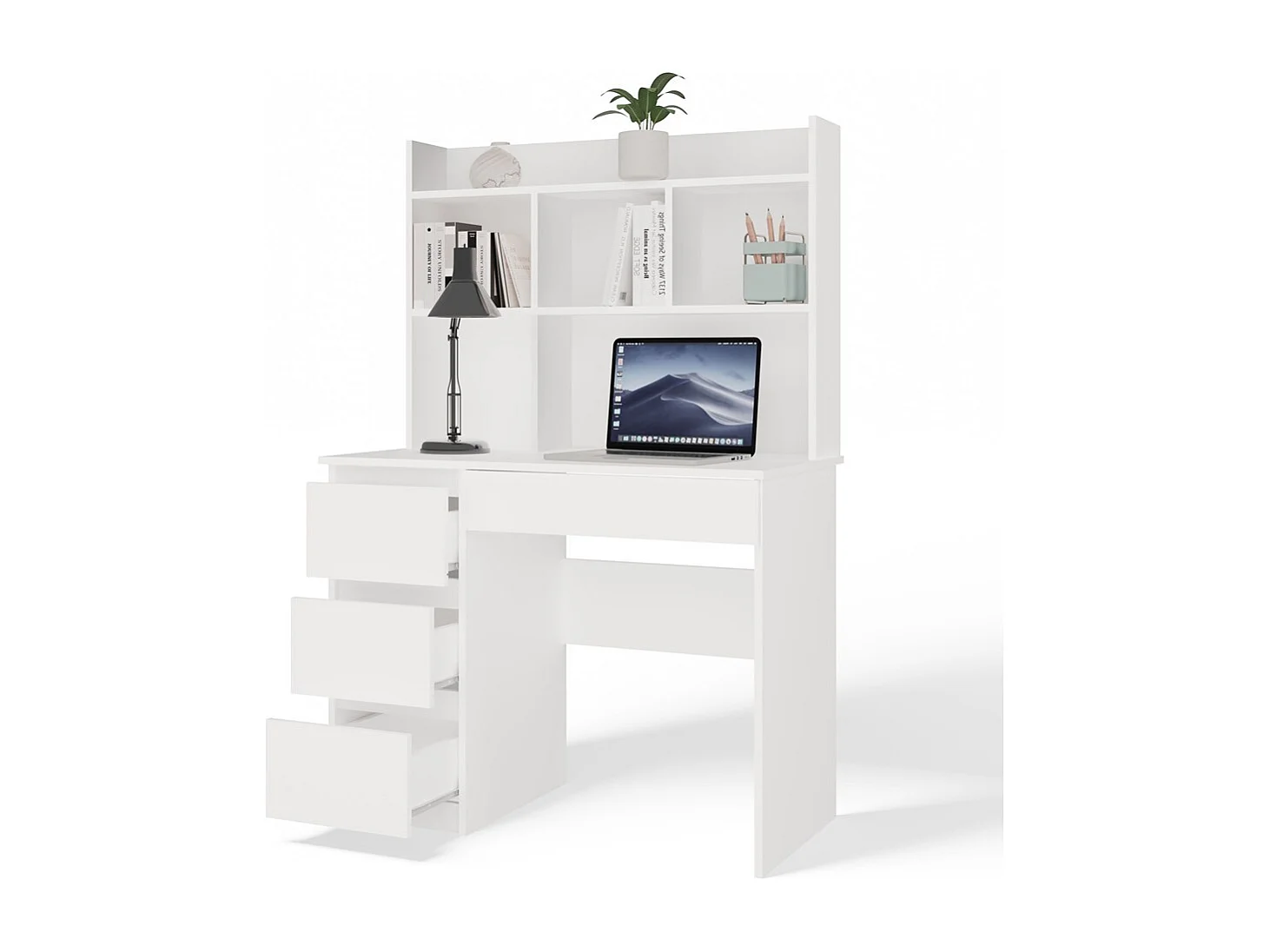 Bureau met 4 lades, verhoogd blad en 4 planken, wit, 146x51x98 cm