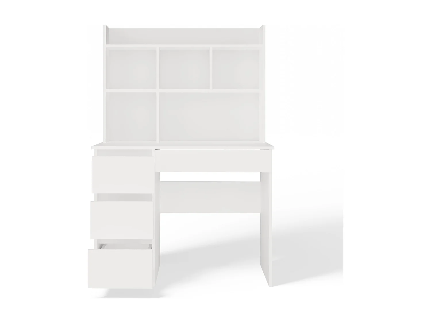 Bureau met 4 lades, verhoogd blad en 4 planken, wit, 146x51x98 cm