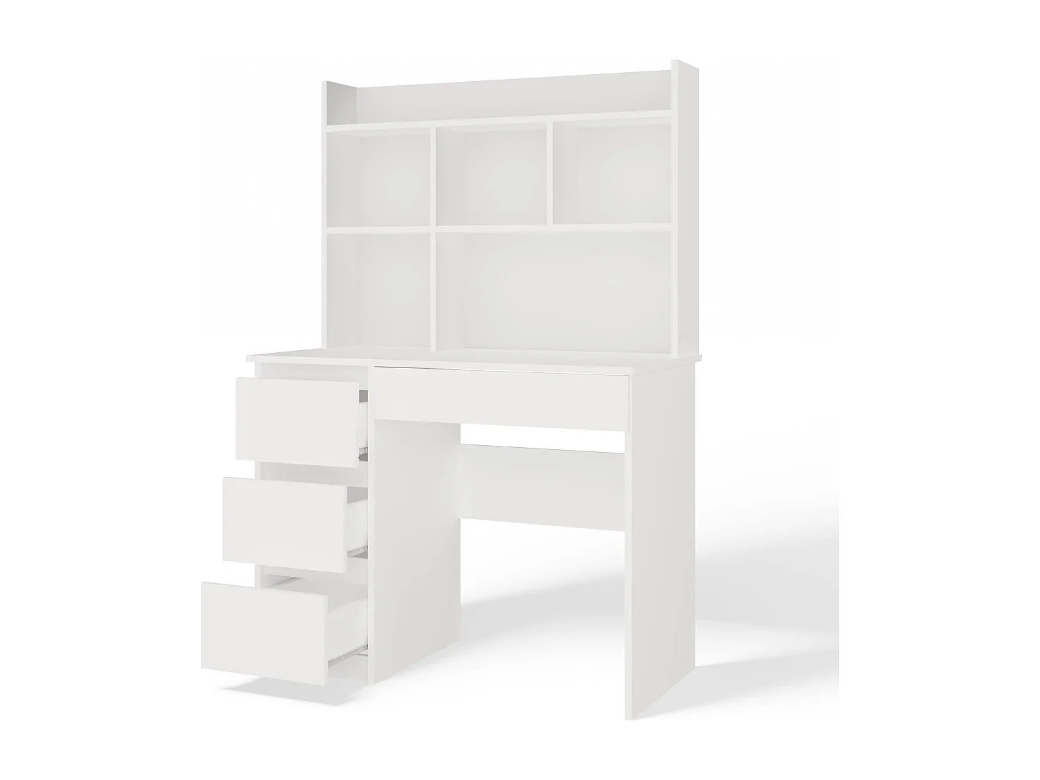 Bureau met 4 lades, verhoogd blad en 4 planken, wit, 146x51x98 cm