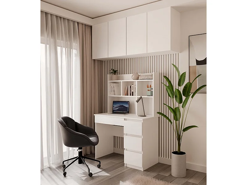 Bureau met 4 lades, verhoogd blad en 4 planken, wit, 146x51x98 cm