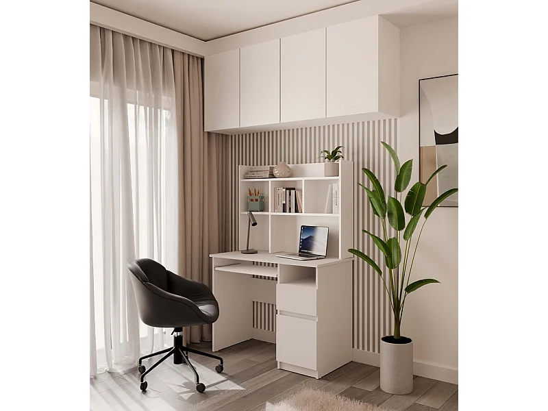 PORTO DESTRA - Scrivania 98×51×145 cm con 3 cassetti e ripiani, con mensola superiore per ufficio / camera da letto - Bianco