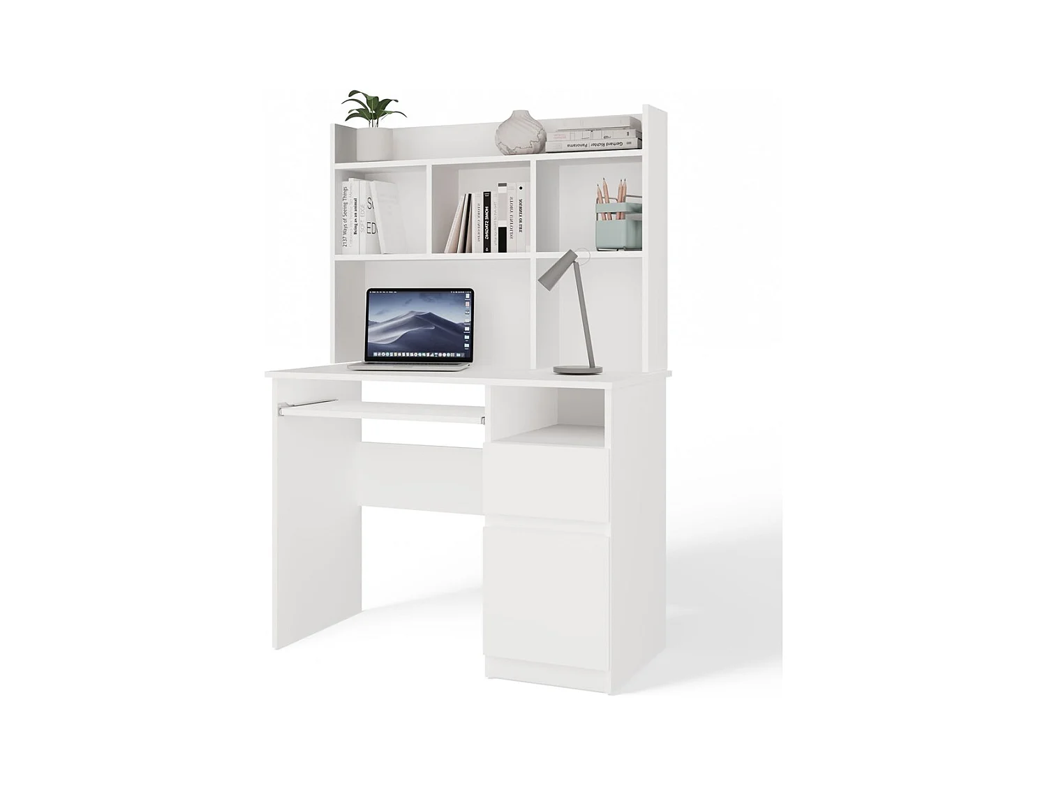 PORTO DROIT - Bureau 98×51×145 cm 3 tiroirs et rayons avec étagère supérieure pour bureau / chambre - Blanc