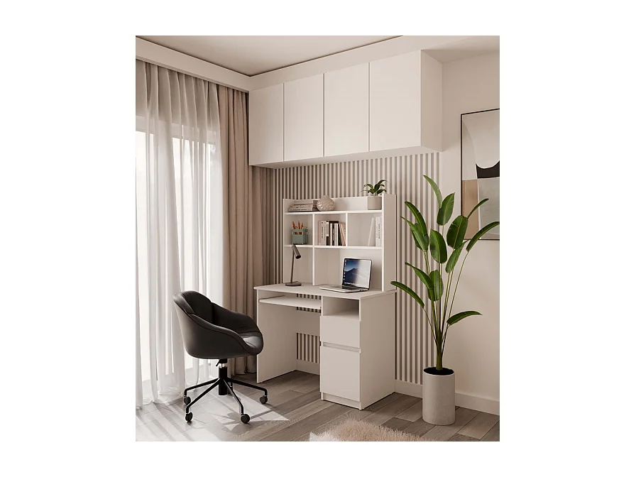 PORTO DROIT - Bureau 98×51×145 cm 3 tiroirs et rayons avec étagère supérieure pour bureau / chambre - Blanc