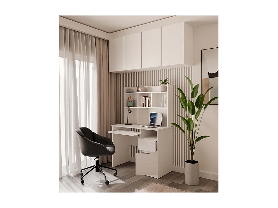 PORTO DROIT - Bureau 98×51×145 cm 3 tiroirs et rayons avec étagère supérieure pour bureau / chambre - Blanc