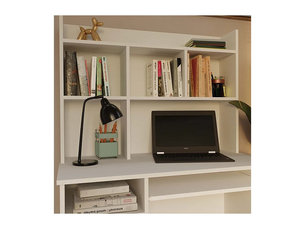 PORTO DROIT - Bureau 98×51×145 cm 3 tiroirs et rayons avec étagère supérieure pour bureau / chambre - Blanc