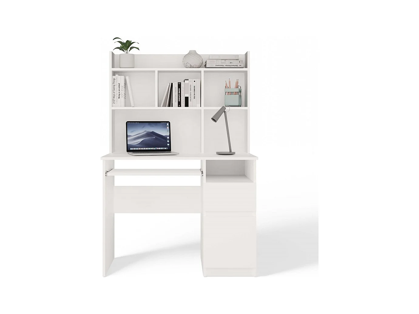 PORTO DROIT - Bureau 98×51×145 cm 3 tiroirs et rayons avec étagère supérieure pour bureau / chambre - Blanc